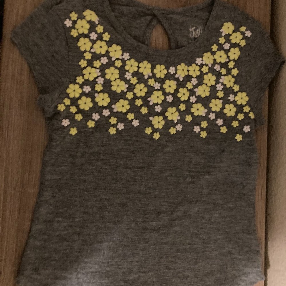 Justice Gray Floral Print Short Sleeve Top T Shirt 8 Cotton Blend Keyhole Back